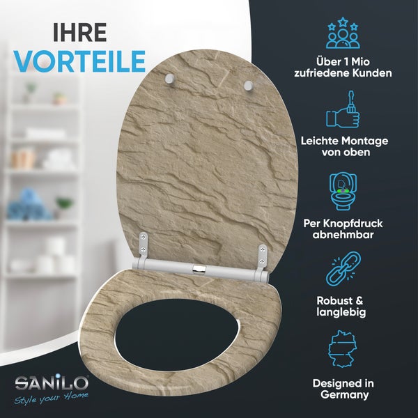 Sanilo WC-Sitz in Steinoptik: einfache Montage von oben, abnehmbar per Knopfdruck, robust, langlebig und in Deutschland entworfen.