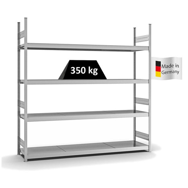 PROREGAL Weitspannregal Stecksystem T-Profil Grundregal HxBxT 250x250x50 cm 4 Ebenen Stahlplatten Fachboden Fachlast 350 kg Verzinkt