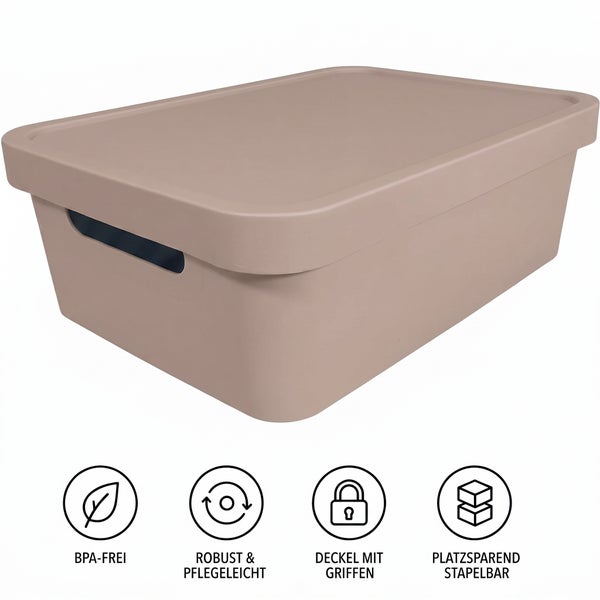 Rechteckige Aufbewahrungsbox aus Kunststoff mit Deckel und seitlichen Griffen, stapelbar, robust, BPA frei und pflegeleicht.
