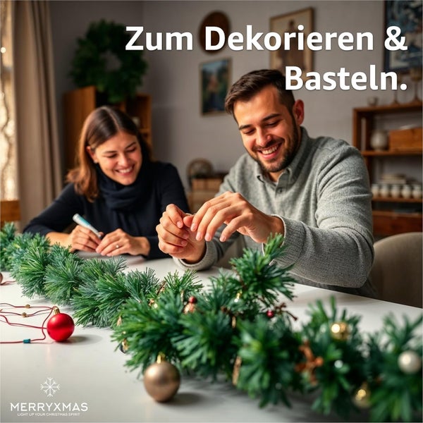 Zwei Personen dekorieren mit Tannengirlande und Christbaumkugeln einen Tisch für Weihnachten.