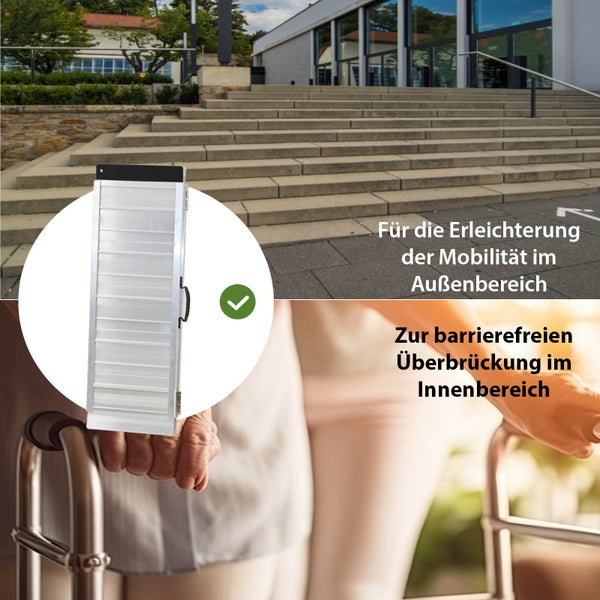 Mobile Aluminiumrampe für Rollstühle und Rollatoren, geeignet für den barrierefreien Einsatz im Innenbereich und Außenbereich.