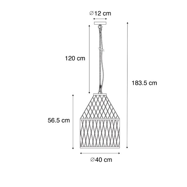 Maßskizze einer Pendelleuchte mit Gitter-Lampenschirm: Gesamthöhe 183,5 Zentimeter, Schirmdurchmesser 40 Zentimeter, Schirmhöhe 56,5 Zentimeter.