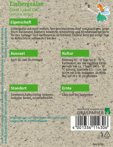 Rückseite einer Samentüte für Eisbergsalat Great Lakes 118 aus Graspapier mit Hinweisen zu Aussaat, Kultur, Standort und Ernte.