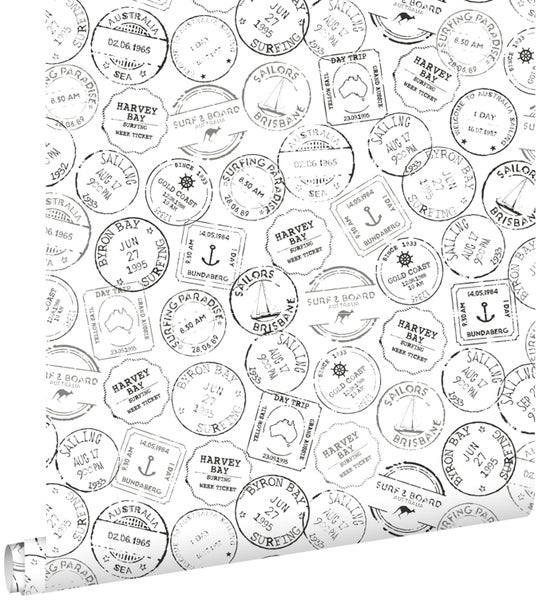 ESTAhome Tapete australische Surf-Stempel Schwarz und Weiß - 53 cm x 10.05 m - 138981