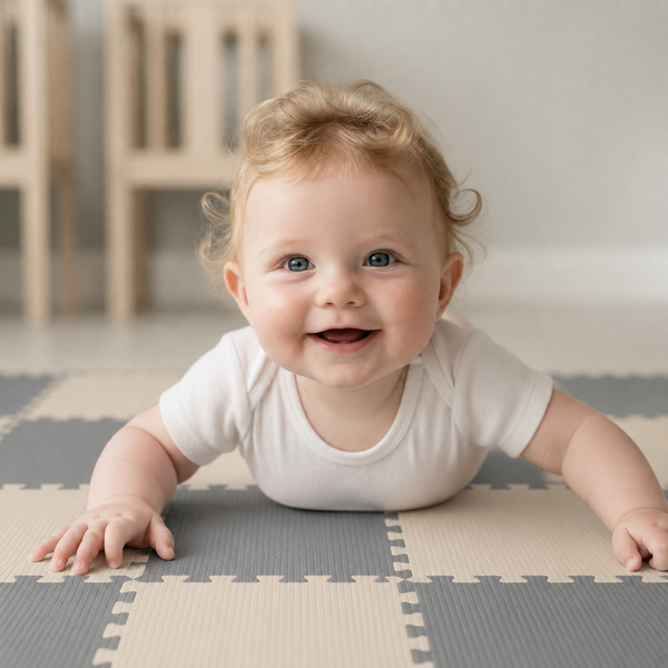 Ein lächelndes Baby liegt auf einer gepuzzelten Schaumstoffmatte aus ineinandergreifenden Bodenplatten im Innenbereich.