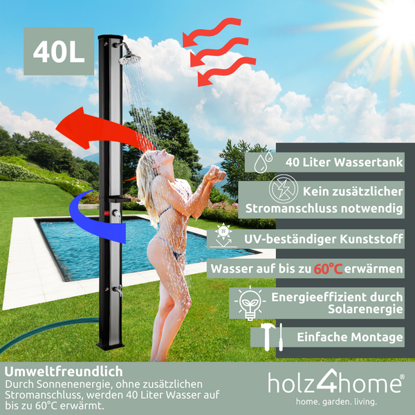 holz4home Solardusche mit Wasserspeicher für Garte Pool und Camping Gartendusche Inklusive Schutzhülle 40 Liter