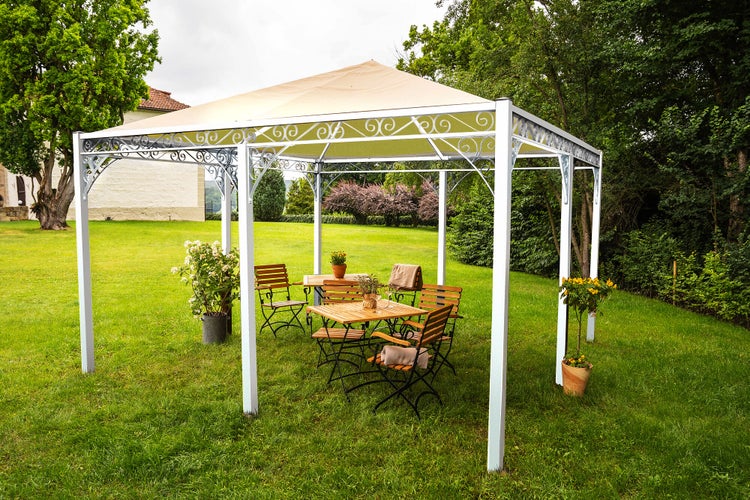 Pavillon ELEO Palermo 4 x 4 m weiß - pulverbeschichtet | mit Sonnensegel ecru