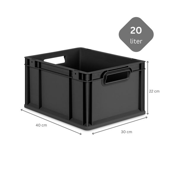 PROREGAL SuperSparSet 5x Eurobox NextGen Grip mit Scharnierdeckel und grünen Schiebeschnappverschlüssen, HxBxT 22x30x40cm, 20 Liter, Schwarz, Griffe offen, Eurobehälter, Transportbox, Transportbehälter, Stapelbehälter
