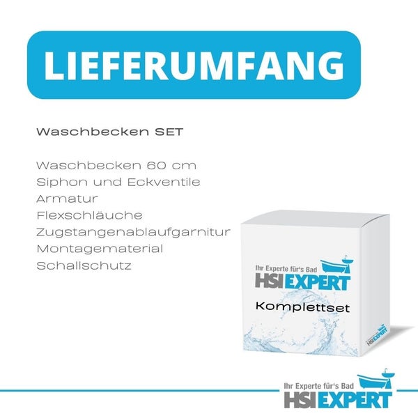 Lieferumfang eines 60 Zentimeter Waschbecken Komplettsets mit Siphon, Eckventilen, Armatur, Flexschläuchen, Zugstangenablaufgarnitur, Montagematerial und Schallschutz