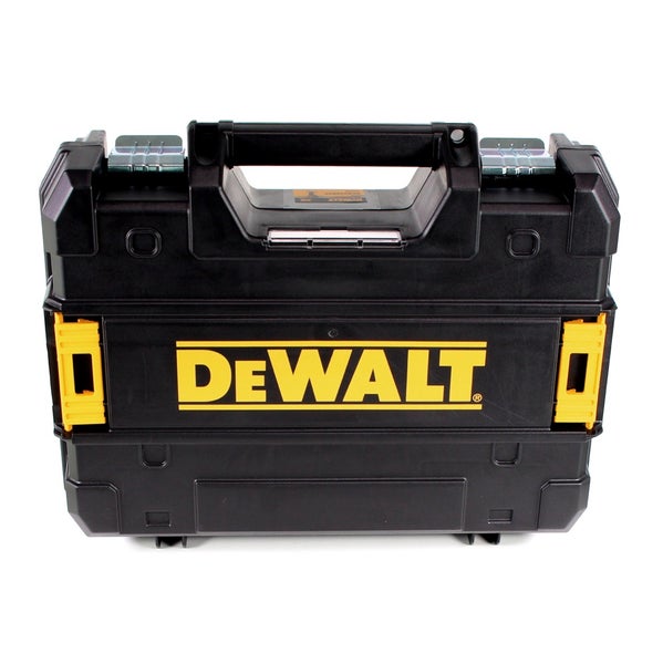 DeWalt Werkzeugkoffer aus Kunststoff mit DeWalt Logo, Tragegriff und Metallschließen.