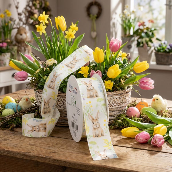 Ostergeschenkband mit Hasenmotiv auf einer Rolle, ideal zur Dekoration, platziert auf einem Holztisch mit frühlingshaftem Blumengesteck.