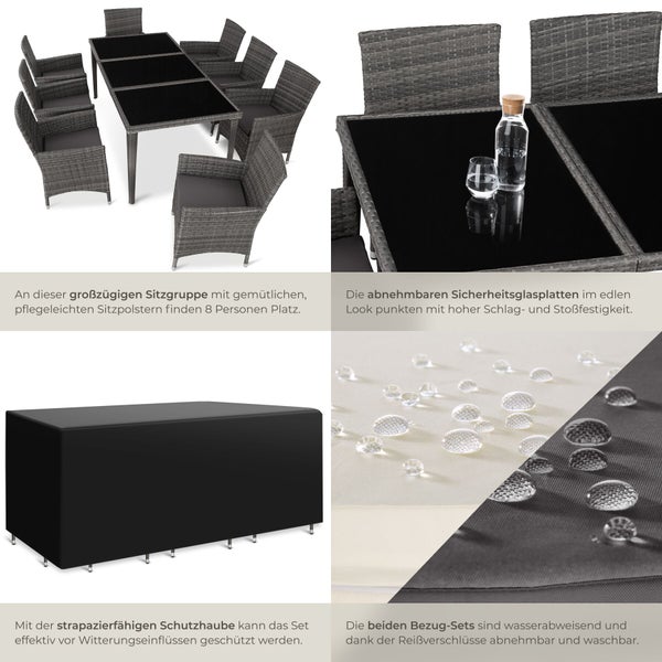 Gartenset aus Polyrattan mit Tisch, acht Stühlen, Sitzkissen, Schutzhülle und wasserabweisendem Stoff mit Wassertropfen.