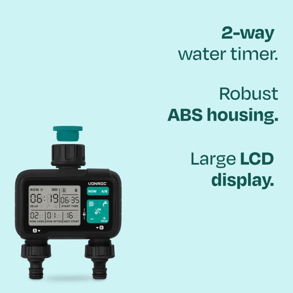 Vonroc 2-Wege-Bewässerungscomputer mit großem LCD-Display und robustem ABS-Gehäuse für die Gartenbewässerung.