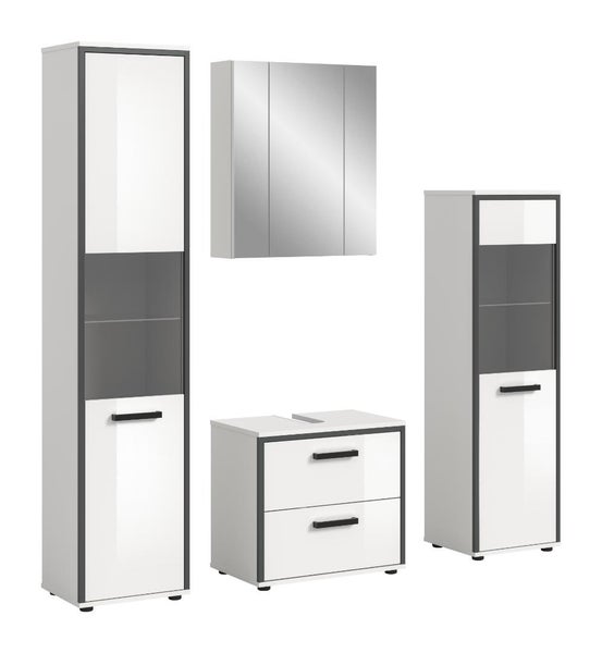 Badezimmer-Möbelset bestehend aus Hochschrank, Waschbeckenunterschrank, Spiegelschrank und Mittelschrank mit Glaseinsätzen und grauen Rahmen.