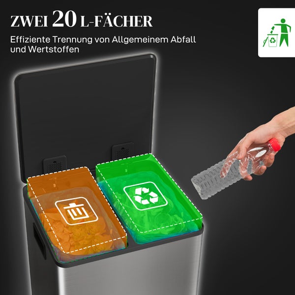 Abfalleimer aus Edelstahl mit zwei 20 Liter Fächern zur Trennung von Hausmüll und recyclingfähigen Abfällen.