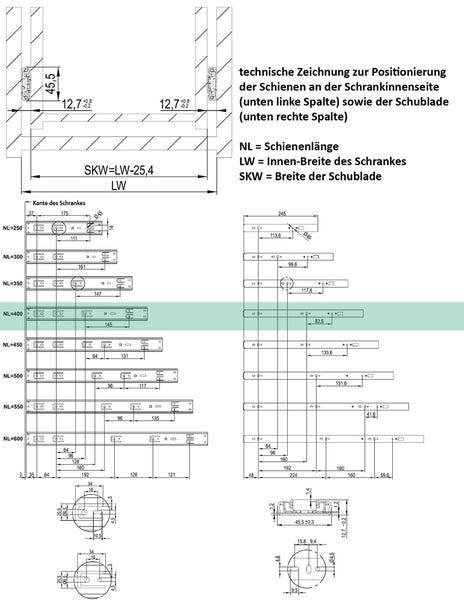 Technische Zeichnung zur Positionierung von Schienen und Schubladen mit Maßangaben