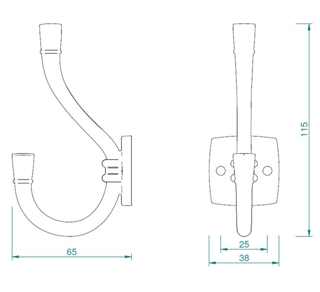 Technische Zeichnung eines Mantelhaken mit Maßangaben