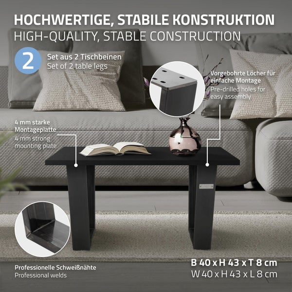 ML-Design 2er Set Tischbeine Trapez 40x43 cm, Industrial, Profil 8x2cm, Stahl pulverbeschichtet, geneigt, Metall Tischgestell Tischkufen Tischuntergestell Möbelfüße Bankkufen Bankgestell Bankbeine