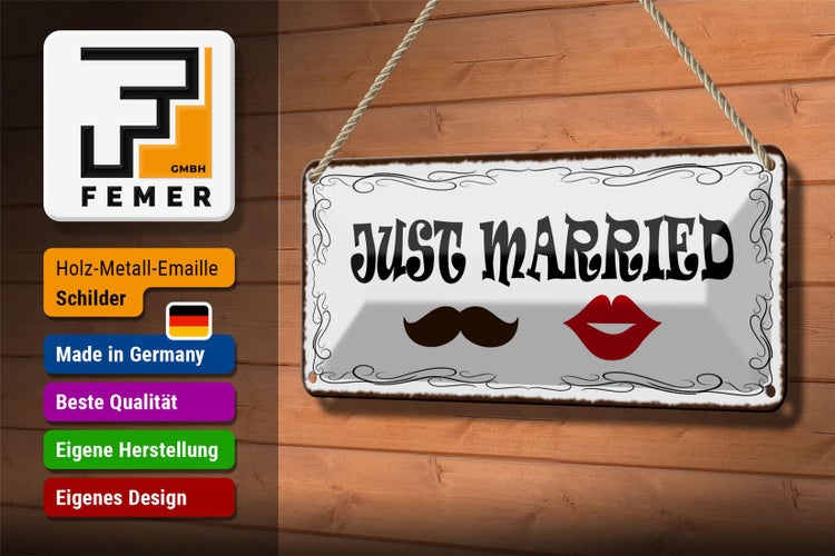 Blechschild Spruch 27x10cm Just married Ehepaar Dekoration