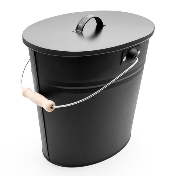 Schwarzer Kohleeimer mit Deckel und Holzgriff