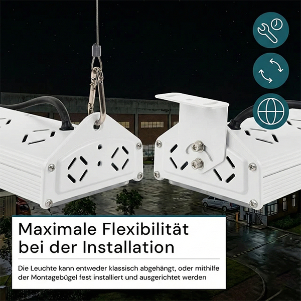 Weiße LED-Hallenleuchte mit flexibler Montage: hängend an einem Seil mit Karabiner oder fest installiert mit verstellbarem Montagebügel.