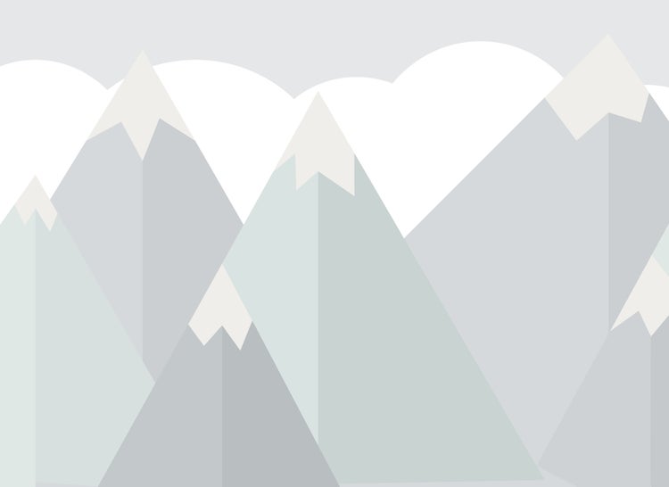 Stilisierte Wandtapete mit einer geometrischen Gebirgslandschaft, schneebedeckten Gipfeln und Wolken in minimalistischem Design.