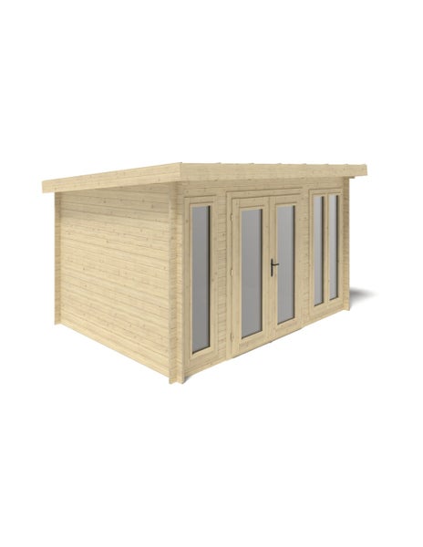 Eckverbindung aus Blockbohlen mit Nut und Feder für den Bau von Gartenhäusern aus hellem Naturholz.