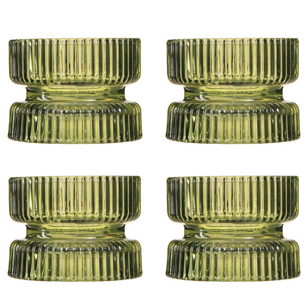 Set aus vier geriffelten Teelichthaltern aus Glas