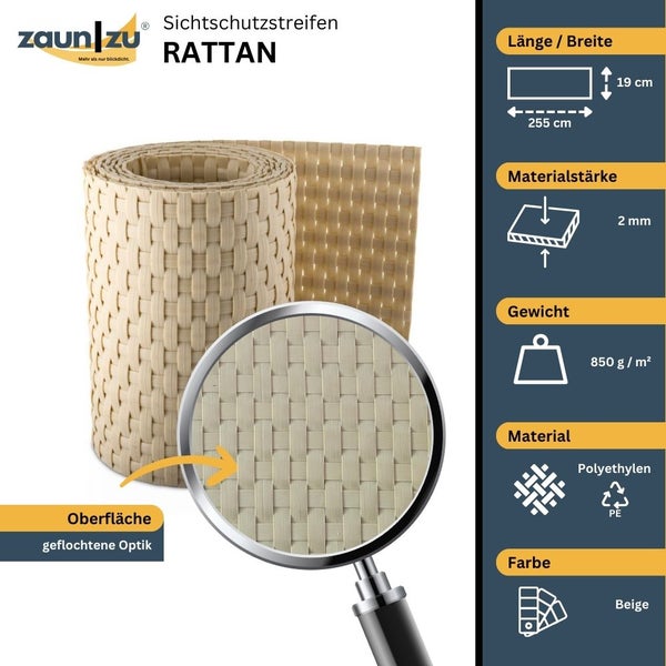 Zaun zu Sichtschutzstreifen Rattan aus Polyethylen mit geflochtener Optik, 255 cm Länge, 19 cm Breite und 2 mm Materialstärke