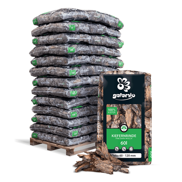 Galamio Kiefernrinde Dekorrinde Körnung 60 bis 120 Millimeter im 60 Liter Sack auf Palette.
