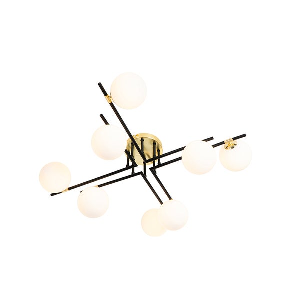 Deckenleuchte mit acht kugelförmigen Lampenschirmen an schwarzen Streben