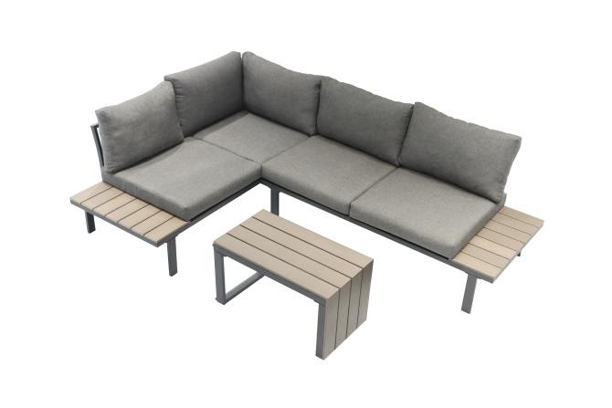 Ondis24 Lounge Ecksitzgarnitur mit Tisch Polywoodplatte, Stahl, Gartenmöbel