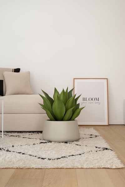 Künstliche Agave in einem runden beigen Topf auf einem Teppich in einem hellen Wohnzimmer neben einem Sofa.