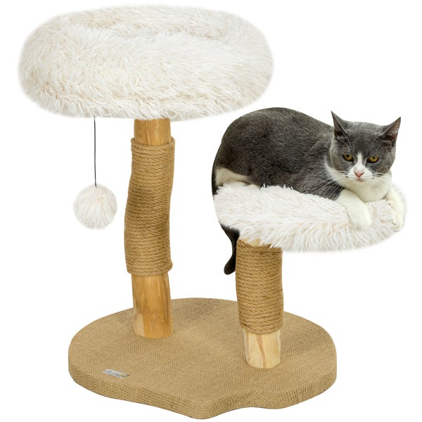PawHut Kratzbaum 61,5 cm hoch Katzenkratzbaum mit Spielball, Betten, Katzenturm mit Katzenkratzbrett, für Katzen unter 5 kg, Birnbaumholz, Weiß