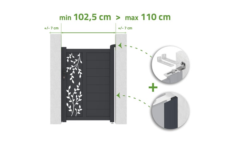 Gartentor mit Blattmuster, Montagebreite minimal einhundertzwei Komma fünf bis maximal einhundertzehn Zentimeter, inklusive verstellbarer Beschläge.