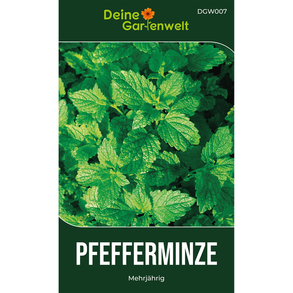Samentüte für mehrjährige Pfefferminze von Deine Gartenwelt. Nahaufnahme der gezackten grünen Blätter. Deine Gartenwelt Logo.