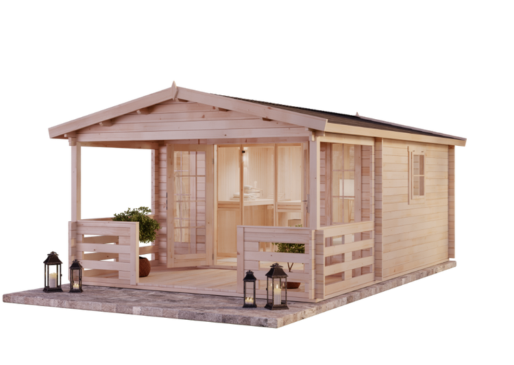 FinnTherm Saunahaus Lappland-40 A Gartensauna 3 Sitzbänke aus Holz in natur, Sauna mit 40 mm Wandstärke, Außensauna mit Montagematerial imprägniert 1,9x1,9m