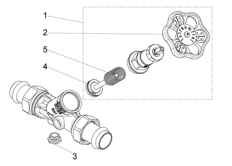 Explosionszeichnung eines totraumfreien Schrägsitzventils mit nummerierten Einzelteilen wie Handrad, Ventiloberteil, Feder und Dichtung.