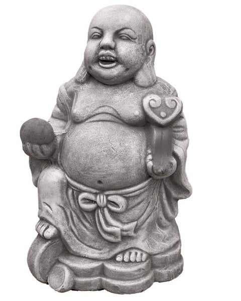 Steinfigur lachender Buddha als dekorative Gartenfigur aus witterungsbeständigem Material
