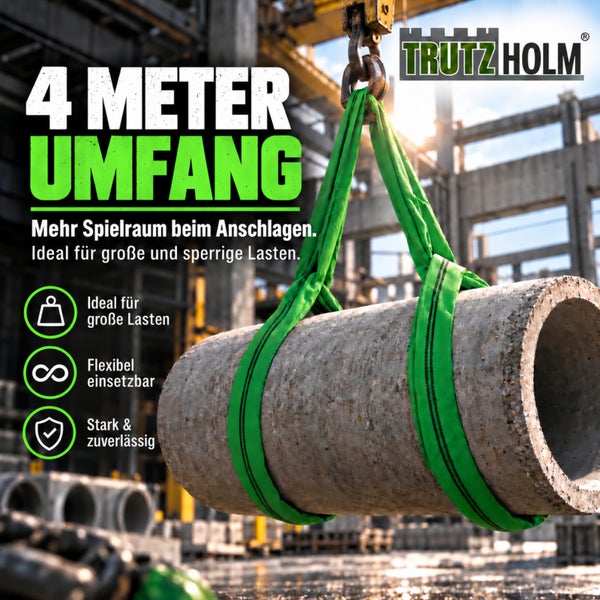 Trutzholm Hebeband mit 4 Meter Umfang beim Anheben eines Betonrohrs auf einer Baustelle.