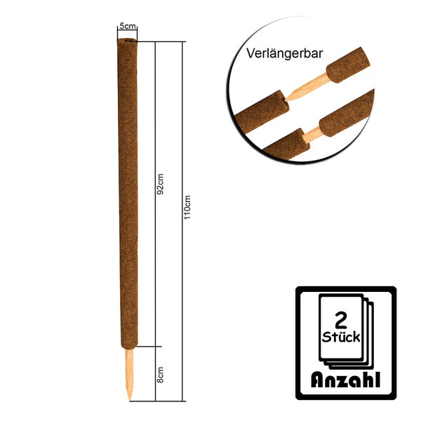 BigDean 2er Set Pflanzstäbe Kokos 110 cm - Monstera Rankhilfe Rankstäbe Stab Moosstäbe Pflanzenstäbe Kokosstäbe für Pflanzen - aus natürlicher Kokosfaser - verlängerbar