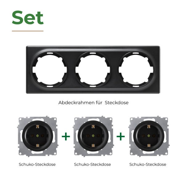 Set bestehend aus dreifachem Abdeckrahmen und drei Schutzkontakt Steckdosen für die Unterputzmontage.