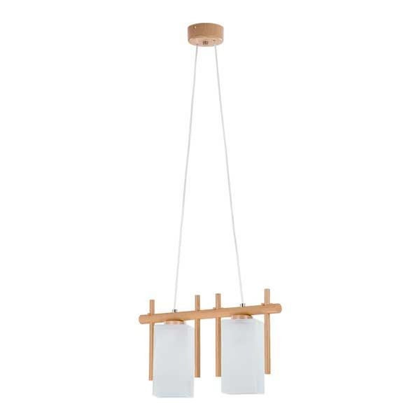 Zweiflammige Pendelleuchte mit Holzrahmen und zwei quadratischen Leuchtengläsern in mattem Glas.