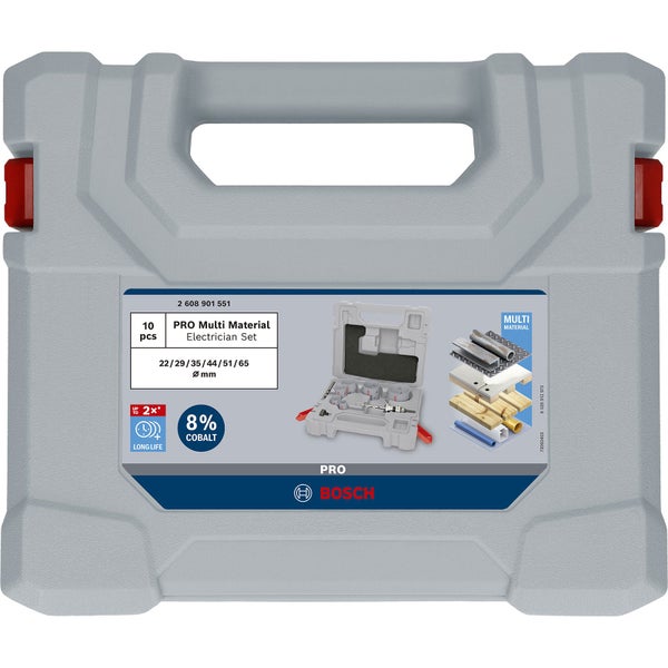 Bosch Pro Multimaterial Elektriker-Set, 10-teilig, in einer grauen Aufbewahrungsbox