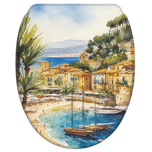 Toilettendeckel mit mediterranem Hafenmotiv als Aquarellillustration für das Badezimmer