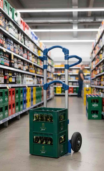 Ein Getränkewagen mit zwei Getränkekisten im Supermarkt.