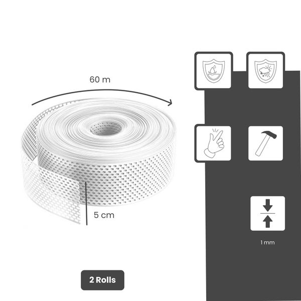 Gewebefugenband, 2 Rollen, Länge 60 Meter, Breite 5 Zentimeter, Dicke 1 Millimeter, wasserfest, witterungsbeständig, schlagfest, einfache Anwendung.