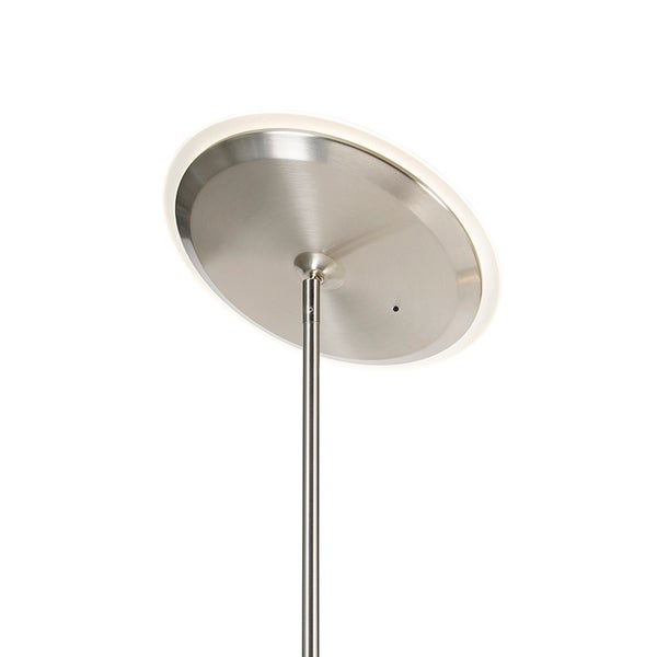 Moderne Deckenfluter Stehleuchte mit flachem rundem Leuchtenkopf und Metallstange zur indirekten Beleuchtung