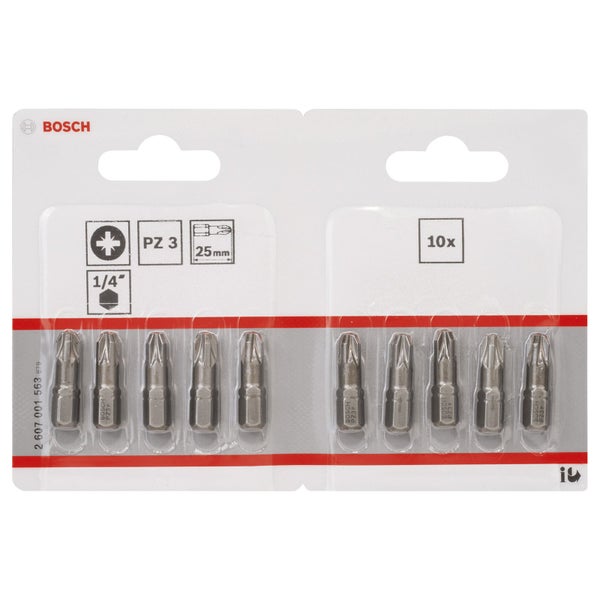 Bosch Logo. Zehn Schrauberbits PZ3, 25 mm, 1/4 Zoll in Verpackung.
