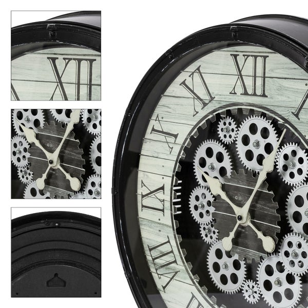 ECD Germany Große Wanduhr rund Ø 48 cm mit Römische Ziffern & beweglichen Zahnrädern, Schwarz, Dekorative Uhr MDF-Holz, Design Uhr Stil Industriell, Leisem Uhrwerk, geräuschlos, Analoge Dekor Wanduhr